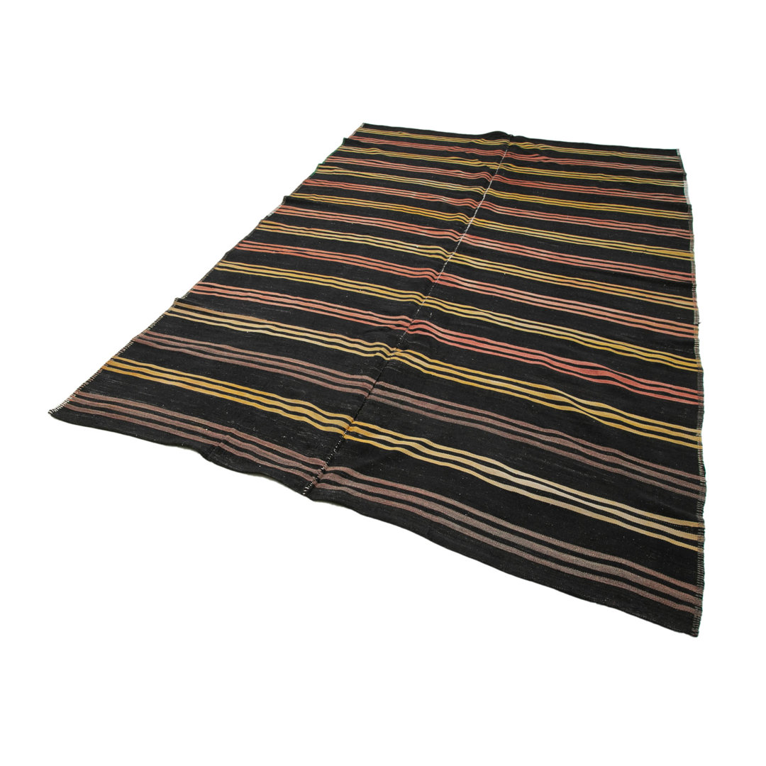 Striped Kilim Black Striped Wool Handmade Area Rug