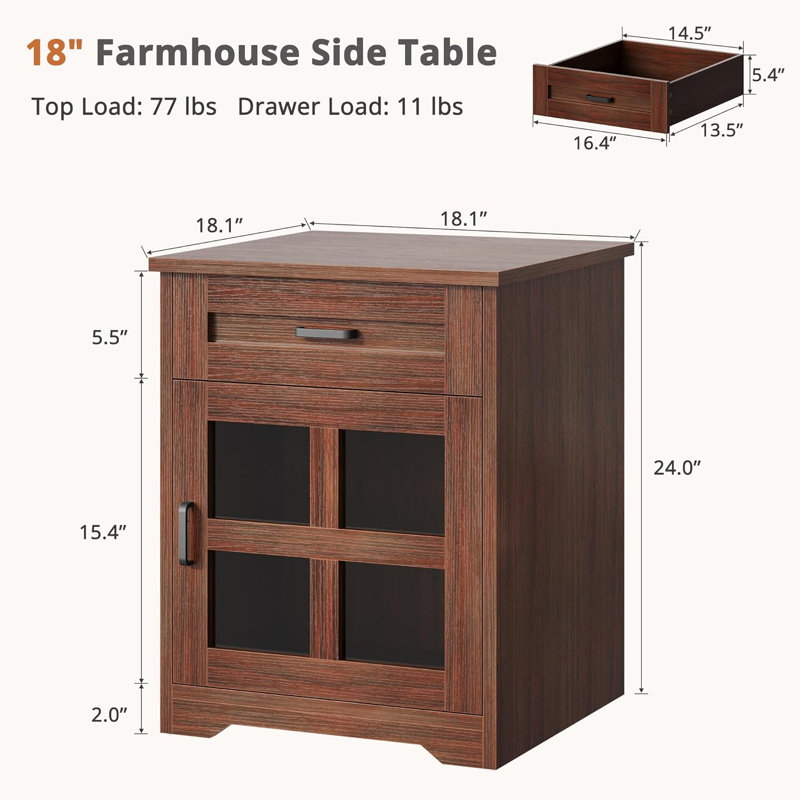 18'' Farmhouse Wood End Table With Drawer And Storage Cabinet, Brown