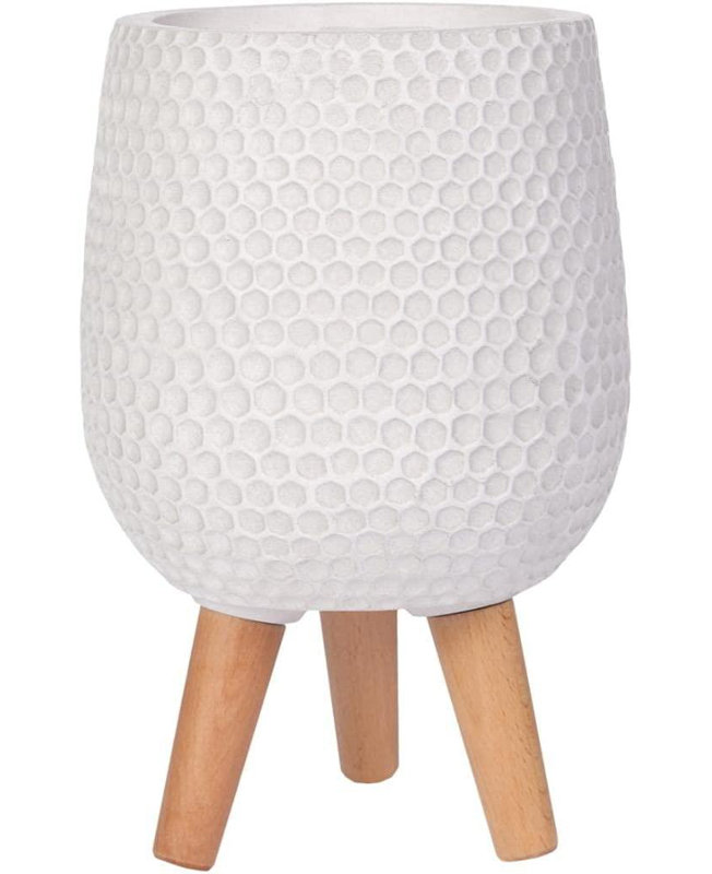 Concrete Effect Round Planter on Hardwood Legs, Round Indoor Plant Pot Stand for Indoor Plants, Indoor Flower Pot with Honeycomb Pattern