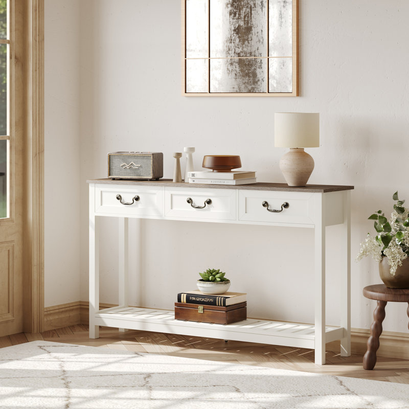 Console l 47,2 po avec 3 tiroirs et tablette de rangement, Naturel / Blanc
