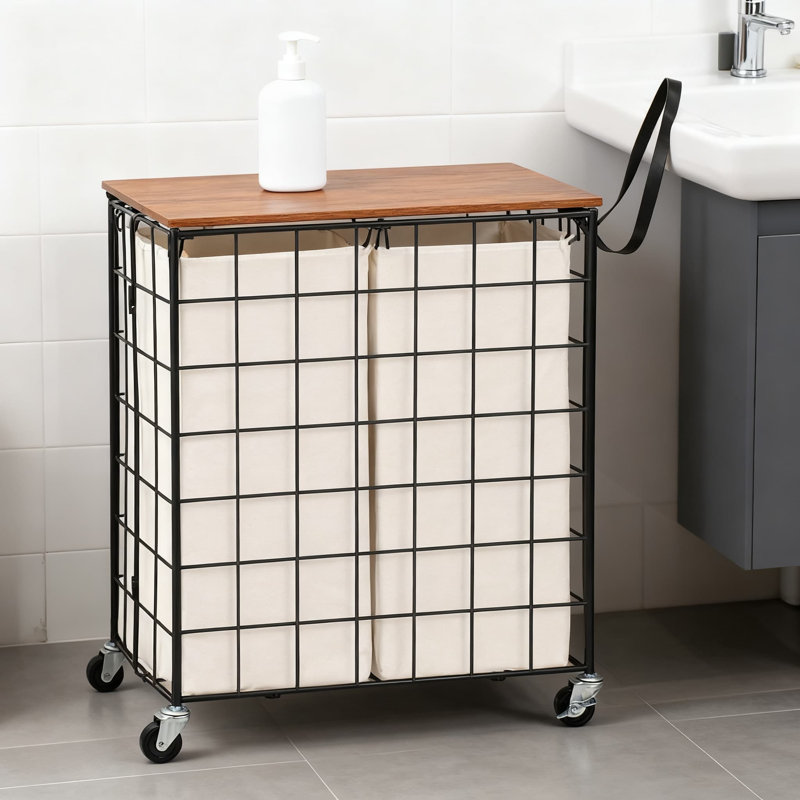 Heavy-Duty Rolling Laundry Hamper With 2-Section Sorter, Wood Lid, Lockable 360-Degree Wheels, Side Storage Pocket, And Foldable Design For Easy Storage