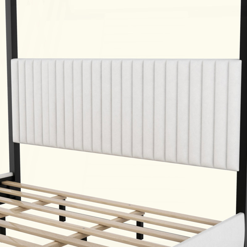 Lit plateforme à baldaquin avec tête de lit et structure en métal Upholstery, Noir blanc