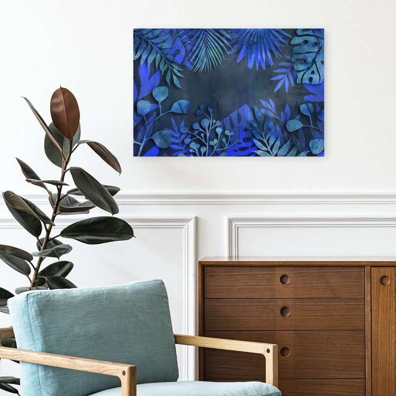Affiche murale abstraite représentant un paysage forestier tropical aux feuilles d'un bleu profond, H 16 po x l 24 po