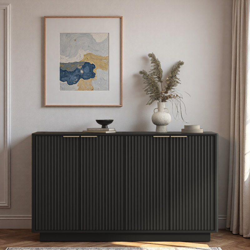 Modern Fluted Sideboard With Adjustable Shelves And Metal Handles, Black