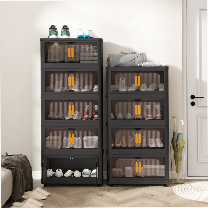 Versatile Folding Storage Cabinet With Multiple Tiers, Magnetic Doors, Wheels, Ideal For Organizing Various Spaces In Your Home