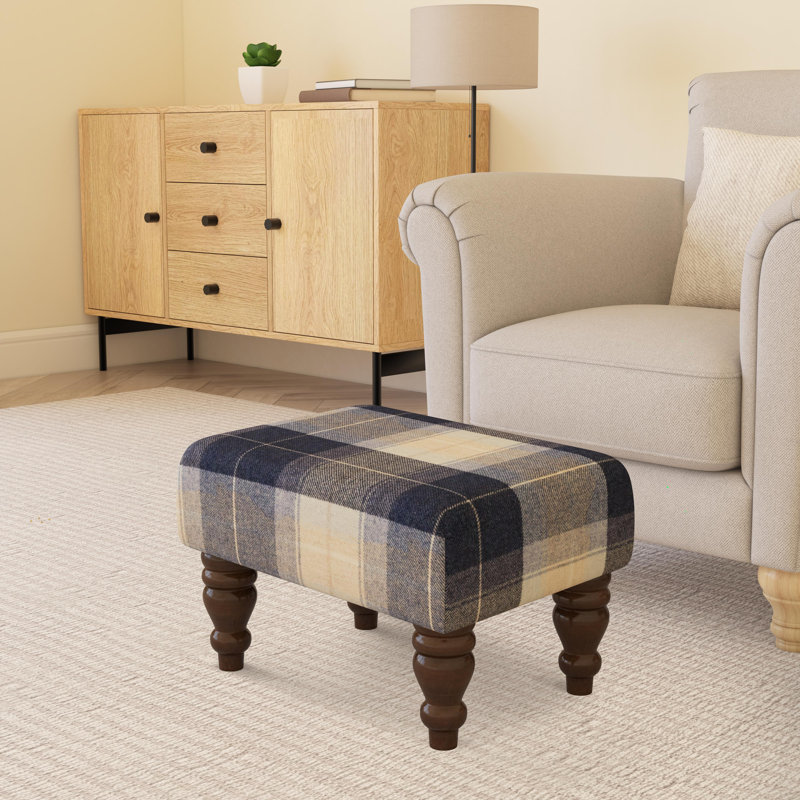 Tartan Material Large Footstools Wood Turned Leg - Tartan - Navy Blue, Mahogany