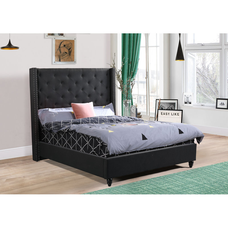 Upholstered Wingback Bed, Black, Queen