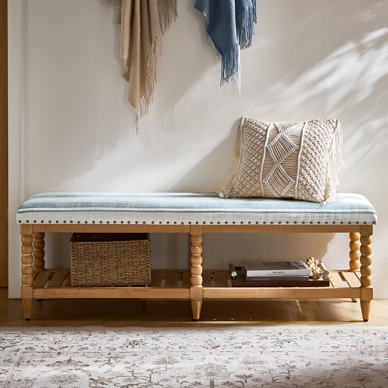 Banc de rangement en bois massif avec garniture cloutée Delfina, Rayure