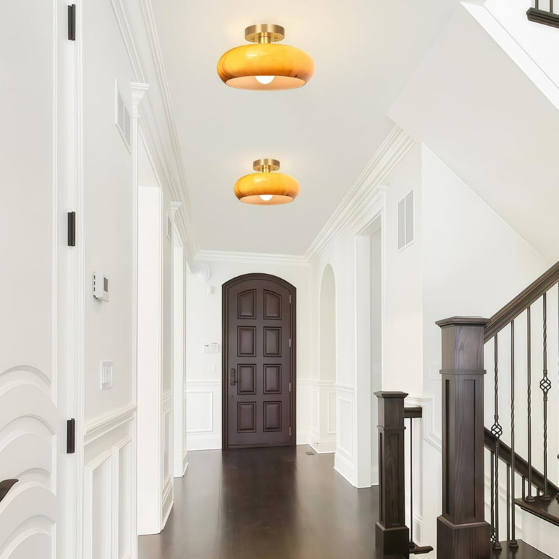 Plafonnier semi-encastré, luminaire moderne de style Mid-Century de 11 po, luminaire de couloir avec abat-jour en verre orange brûlé, plafonnier rétro pour cuisine, porche, entrée, placard, chambre à coucher