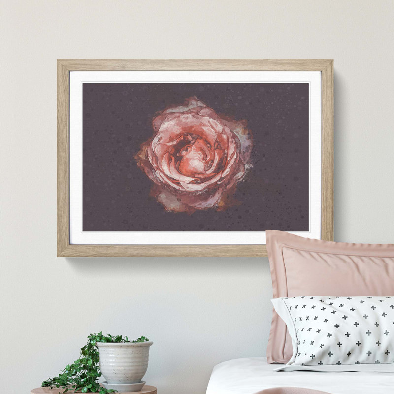 Pink Tipped Rose Flower - Framed Print, 60cm H x 91cm W x 2cm D, Oak