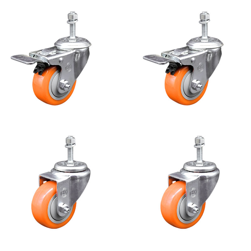 Ensemble de 3 roulettes à tige filetée en polyuréthane 3 pouces et 2 freins à verrouillage total, Orange