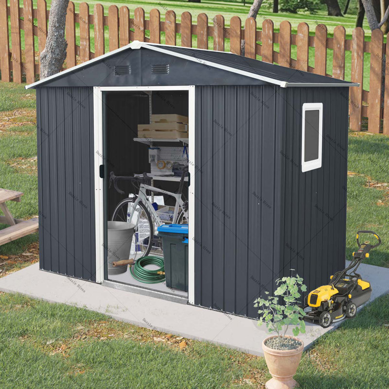 Outdoor Metal Storage Shed with Window and Metal Foundation for Backyard, Patio, Lawn, Black White