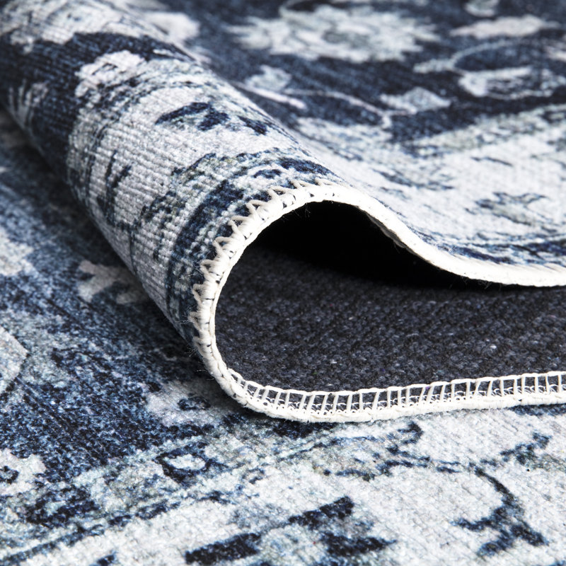  Washable Non-Slip Rug - Dark Blue Traditional Bordered Runner for Entryway, Hallway, Bathroom, and Kitchen, Runner 2'6" x 7'
