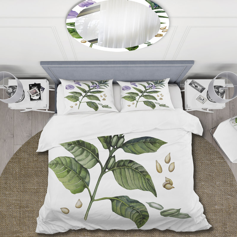 Fleurs de sésame mauves avec feuilles vertes - ensemble de housse de couette traditionnel - microfibre de polyester
