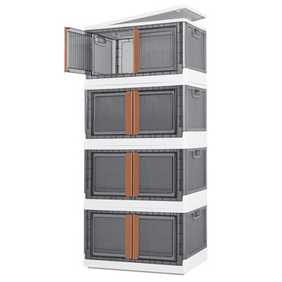 4 Pack Plastic Collapsible Storage Bins with Door and Wheels, Stackable Organizer with Lid and Handle