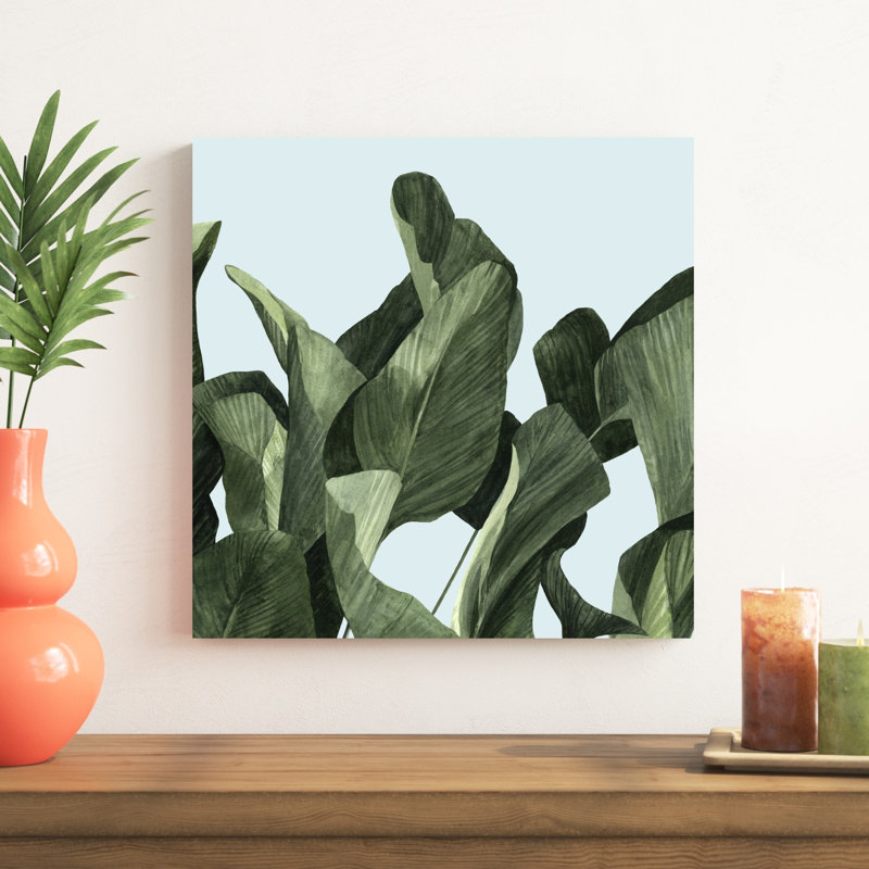 «Celadon Palms II», peinture sur toile, H 20 po x l 20 po, Toile tendue