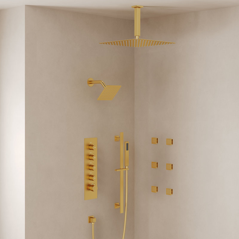 Système de douche thermostatique à double effet pluie de 40 cm (16 po) à montage au plafond, avec 6 jets corporels et douchette à main.