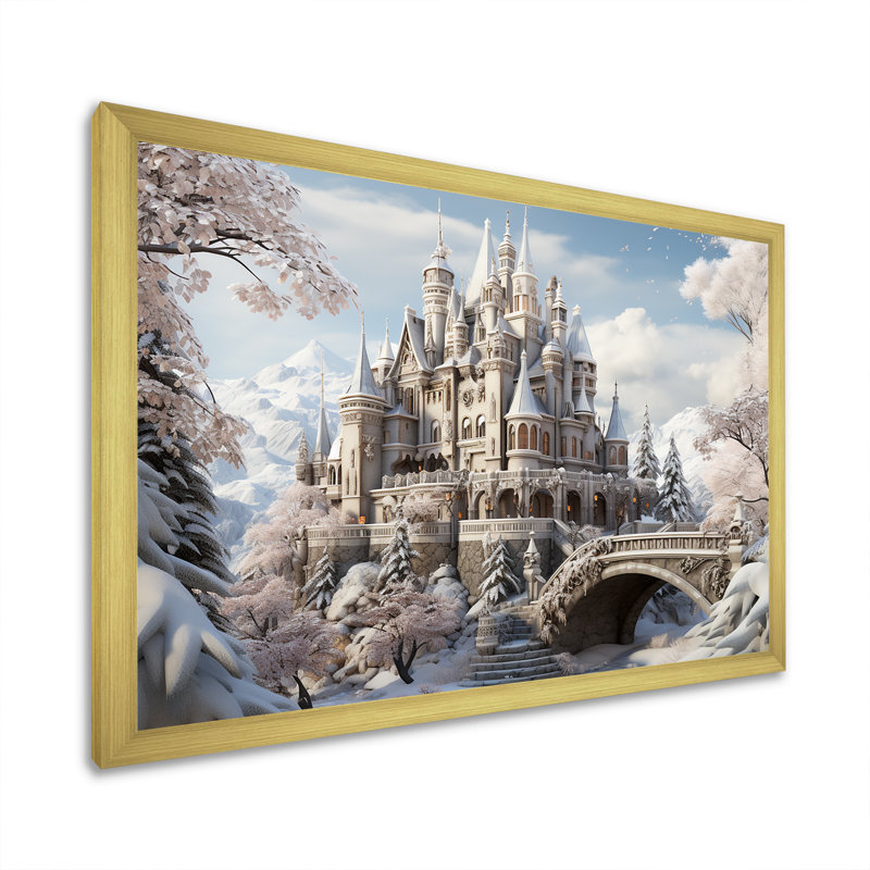 Frosty Winter Castle Landscape IV - Art mural paysage d'hiver, Cadre doré à coins fermés, H 24 po x l 32 po x P 1 po