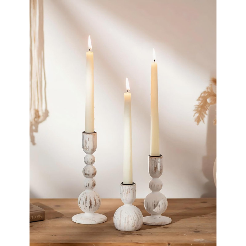Set of 3 Wooden Candlestick Holders Mantel Decor - Boho Farmhouse Rustic White
