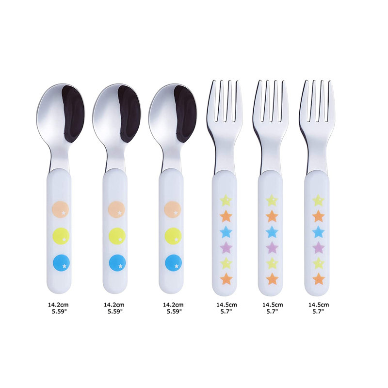 EXZACT Kids Cutlery 6Pcs Stainless Steel 18/10 Children''s Cutlery Set 3 X Forks, 3 X Dinner Spoons Plastic Handle, Toddler Utensils Stars & Dots