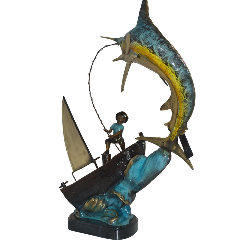 Old Man Fishing A Large Catch Bronze Statue -  Size: 27"L X 13"W X 30"H.