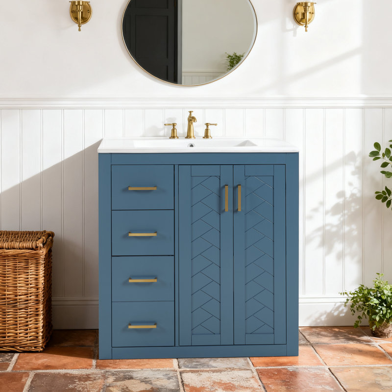 30'' Bathroom Vanity with Ceramic Sink Combo, Bathroom Storage Cabinet, Freestanding Vanity Set with 3 Drawers&Soft-close Doors