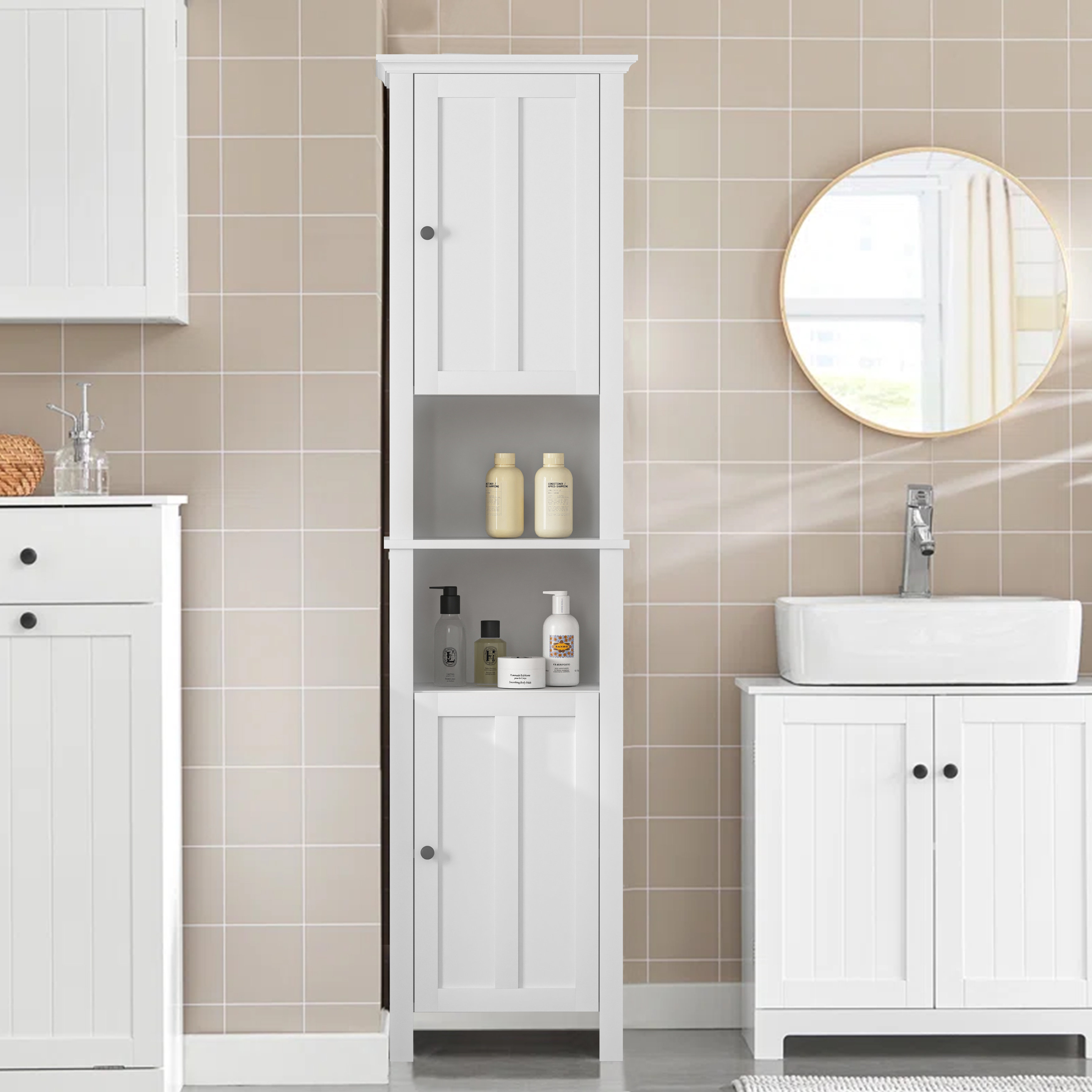 Lark Manor™ 66.9''H White Wooden Bathroom Floor Storage Cabinet With 2 ...