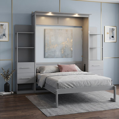 Lit escamotable multifonctionnel avec tablettes, tiroirs et lumières DEL Joean