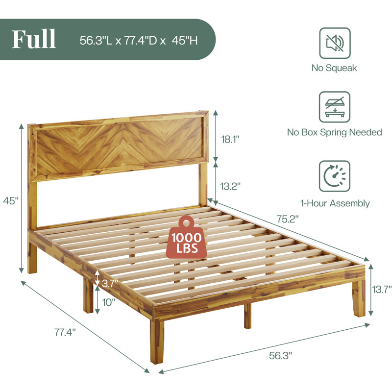 Mid Century Modern Solid Wood Full Size Platform Bed Frame With Tall Headboard And Wood Slats, Yellow Brown, Full