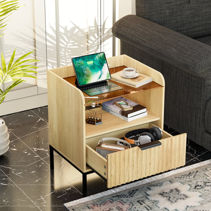 Arlen Modern Bedside Table with Charging Station & Glass Top â€“ 1-Drawer Nightstand,2Pcs, Black/Beige, Set of 2