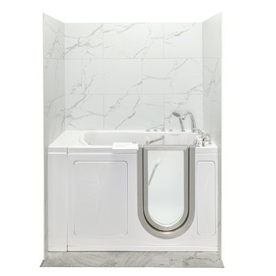 Ella Elite 30"x52" Acrylic Air and Hydro Massage Walk-In Bathtub with Right Inward Swing Door, 5 Piece Fast Fill Faucet, 2" Dual Drain, Carrara Wall Surround