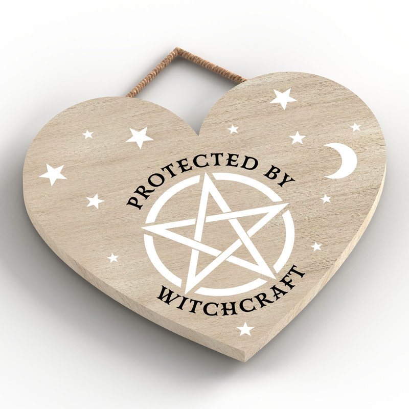 Protected by Witchcraft Wooden Heart Plaque, Brown, 16cm H x 17cm W x 0.9cm D