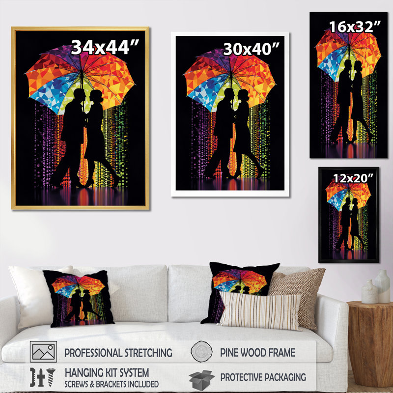 Artful Romance Couple Under Rain sur impression sur toile, Cadre simple noir, H 44 po x l 34 po x P 1,5 po