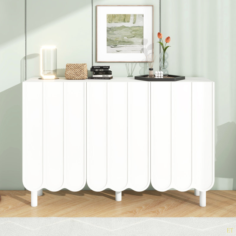 Armoire à chaussures minimaliste avec 5 pieds en bois massif, armoire buffet avec tablettes réglables, grande armoire de rangement avec portes ondulées pour le salon