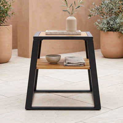 Modern 2-Tier Acacia Wood Outdoor Side Table with Iron Frame, Storage Shelf for Patio, Balcony or Living Room