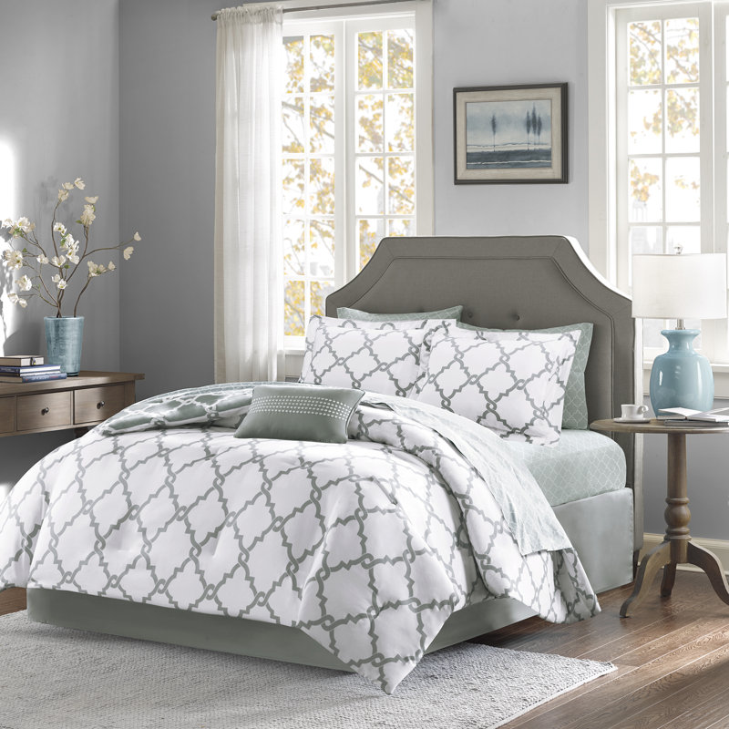 Ensemble d'édredon réversible en microfibre avec draps en coton Merritt, Édredon lit double et 8 pièces incluses, Gris/beige