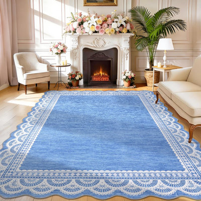 Tapis contemporain à motif floral 152 x 213 cm, bleu, pliable et lavable, en imitation laine polyester avec envers antidérapant en TPR, surface douce et dense, idéal pour le salon, la chambre, la salle à manger et la décoration intérieure.