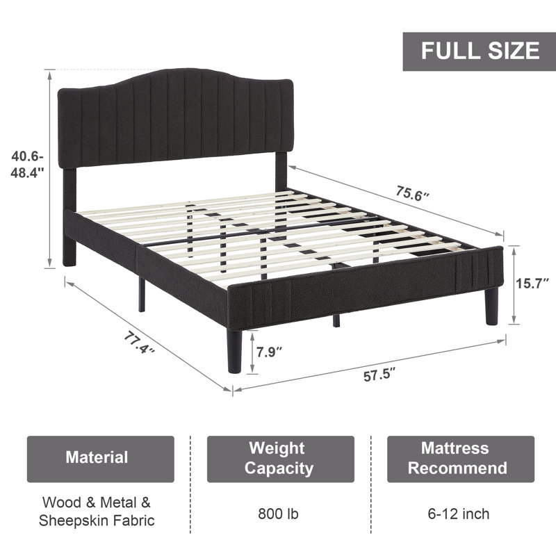 Full Size Dark Gray Teddy Fabric Upholstered Platform Bed Frame with Height-Adjustable Headboard, Noise-Free Storage Design, No Box Spring Needed