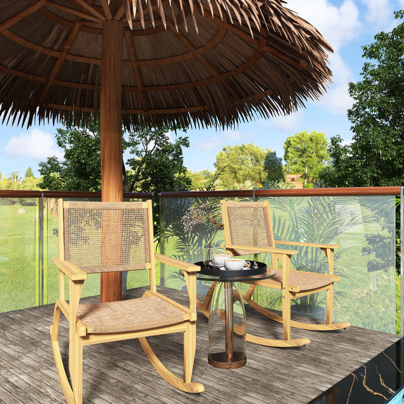 Ensemble 2 pièces de chaises berçantes de patio en bois d'acacia avec assise et dossier en rotin d'osier