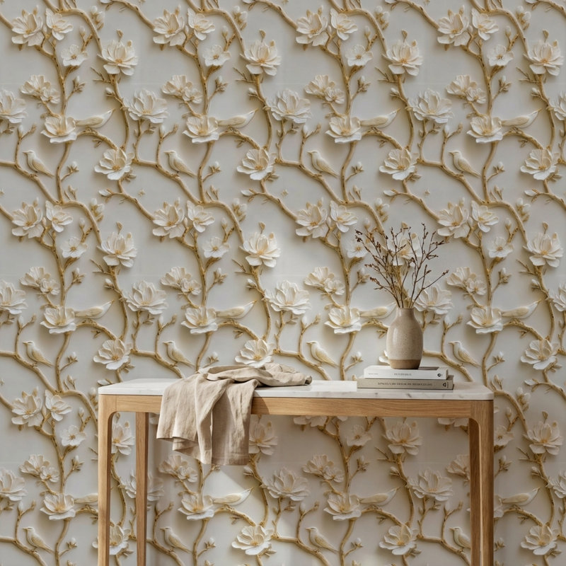 Papier peint floral, oiseaux, amovible, double rouleau mural beige