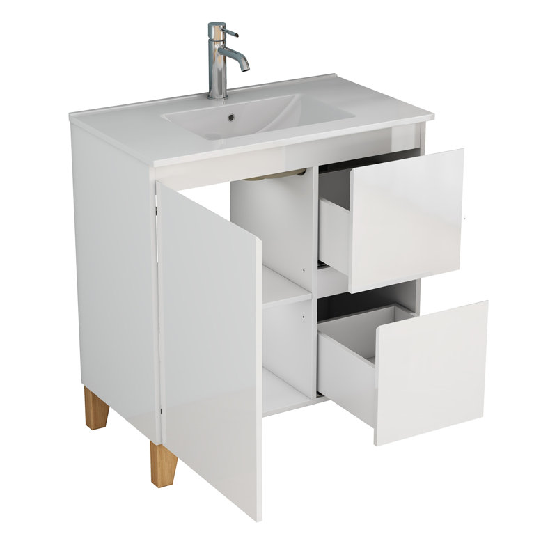 Ensemble de meuble-lavabo moderne avec lavabo, meuble-lavabo avec 1 porte et 2 tiroirs, système de rangement doux, conception sans poignée, pieds en bois massif naturel, facile à assembler