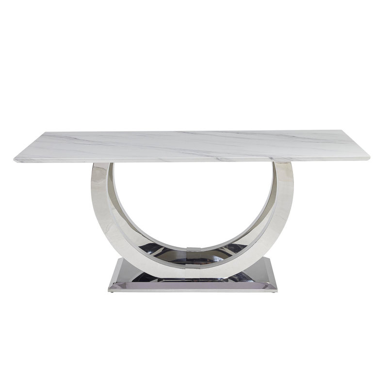 Table de salle à manger rectangulaire de 69,30 pouces, moderne simple, plateau en marbre, plateau en panneau de fibres à densité moyenne, surface de miroir en acier inoxydable de couleur argent, pouvant accueillir 4 à 6 personnes, motif en marbre blanc, miroir argenté.