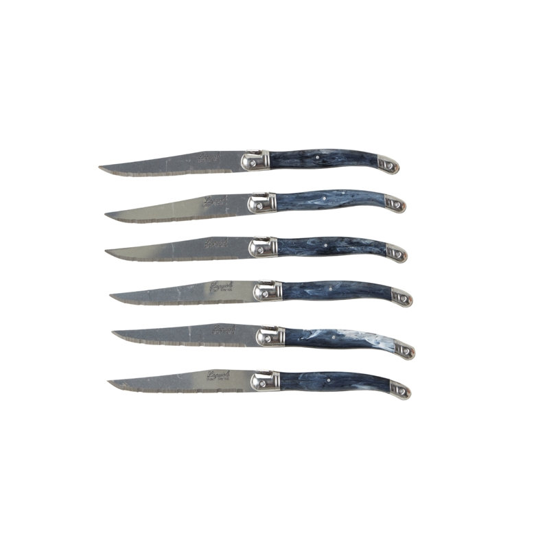 Couteaux à steak Laguiole originaux français - Coffret tiroir en bois - Lot de 6 - Gris marbré, Noir