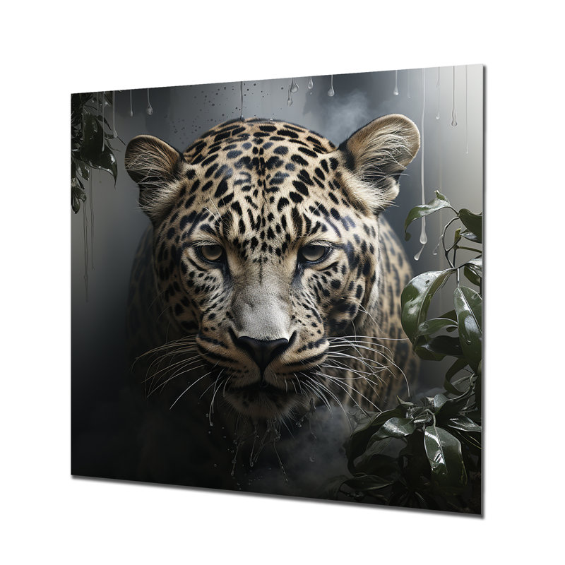 Portrait de léopard gris majestueux I - Art mural en métal animal léopard / guépard, H 36 po x l 36 po x P 1,5 po