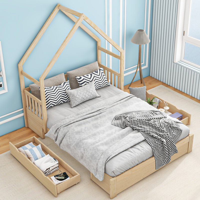 Grand lit plateforme en bois avec 2 tiroirs, Naturel