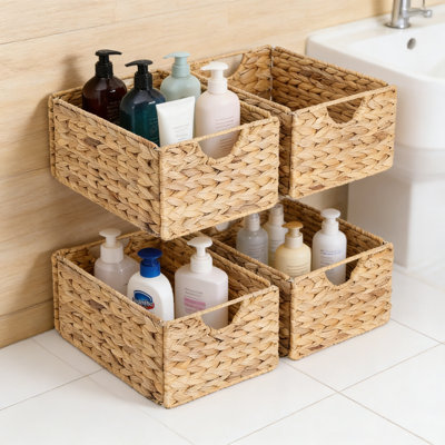 Ensemble de 4 paniers de rangement en jacinthe d'eau, organisateurs en osier tissés à la main avec poignées pour garde-manger, salle de bain et tablettes