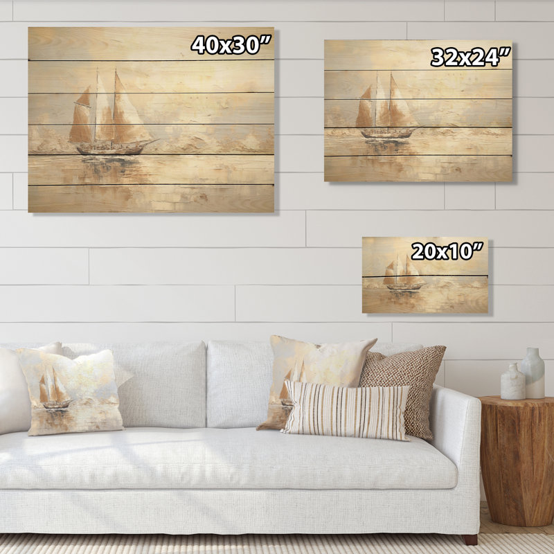 Bateau à voile sur la mer - Art sur bois de pin naturel, H 10 po x l 20 po