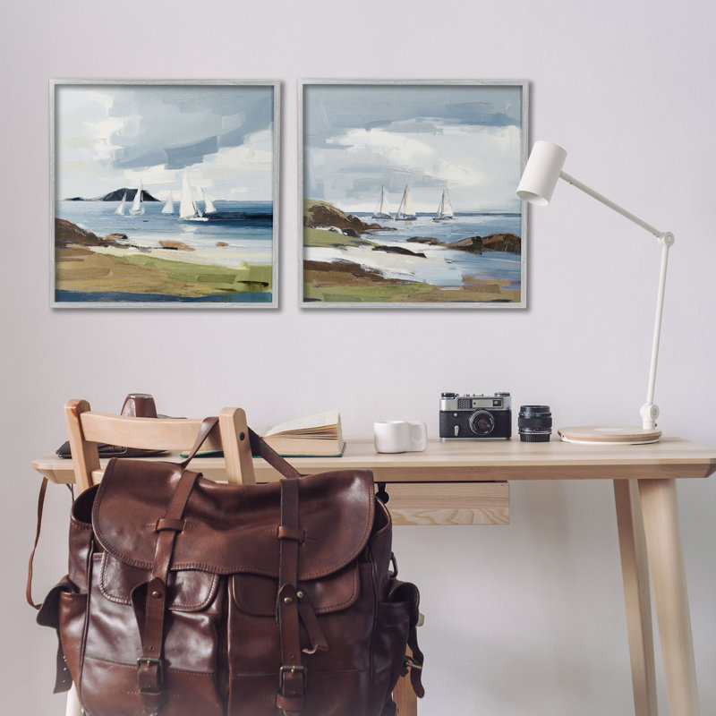 «Nautical Sea Vessels Beach View», ensemble de 2 impressions sur toile encadrées, design par Elara Yasna, H 24 po x l 48 po