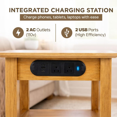 SOLID WOOD END-TABLE/NIGHTSTAND  WITH CHARGING STATION, TWO POWER OUTLETS & USB TYPE-A, TYPE-C CHARGING PORTS