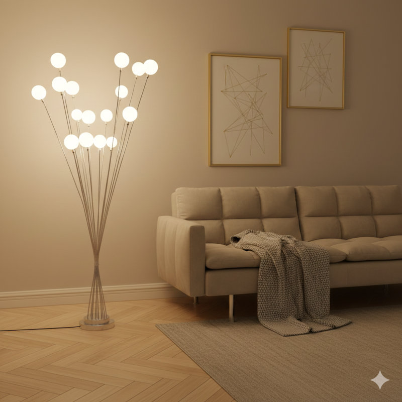 61.5" In 16-Light Acrylic Globe Aluminun Led Chrysanthe Silver Chrome Metal Floor Lamp, Silver